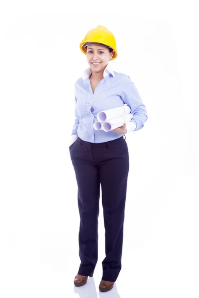Female engineer holding blueprints — Stock Photo, Image