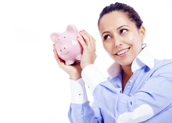 Happy woman shaking piggy bank — Stock Photo, Image