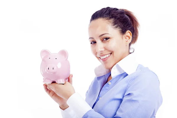 Happy woman holding piggy bank — Stock Photo, Image