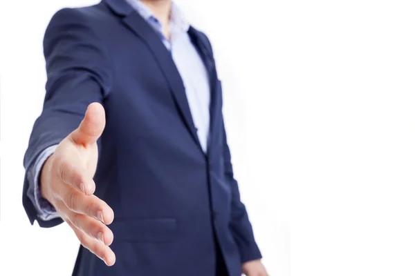 A business man with open hand for handshake, isolated on white — Stock Photo, Image