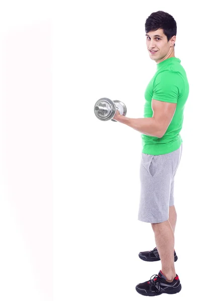 Full body portrait of a athletic man lifting weights, isolated o — Stock Photo, Image