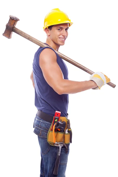 Portret van een glimlachende werknemer, geïsoleerd op witte achtergrond — Stockfoto