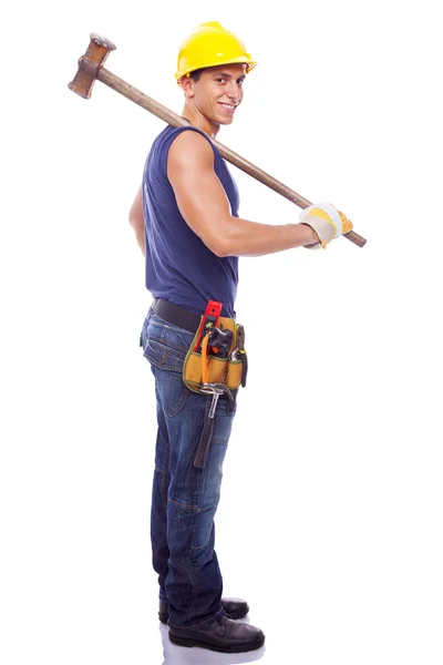 Retrato de corpo inteiro de um trabalhador sorridente, isolado no backgr branco — Fotografia de Stock