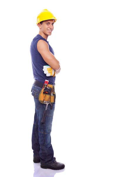 Full body portrait of a smiling worker, isolated on white backgr — Stock Photo, Image