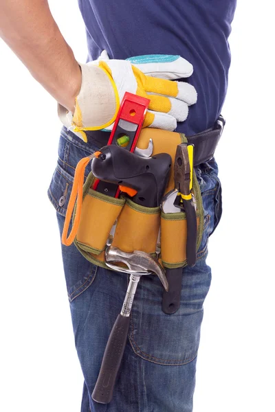 Primer plano de un trabajador con cinturón de herramientas y casco, aislado en blanco —  Fotos de Stock