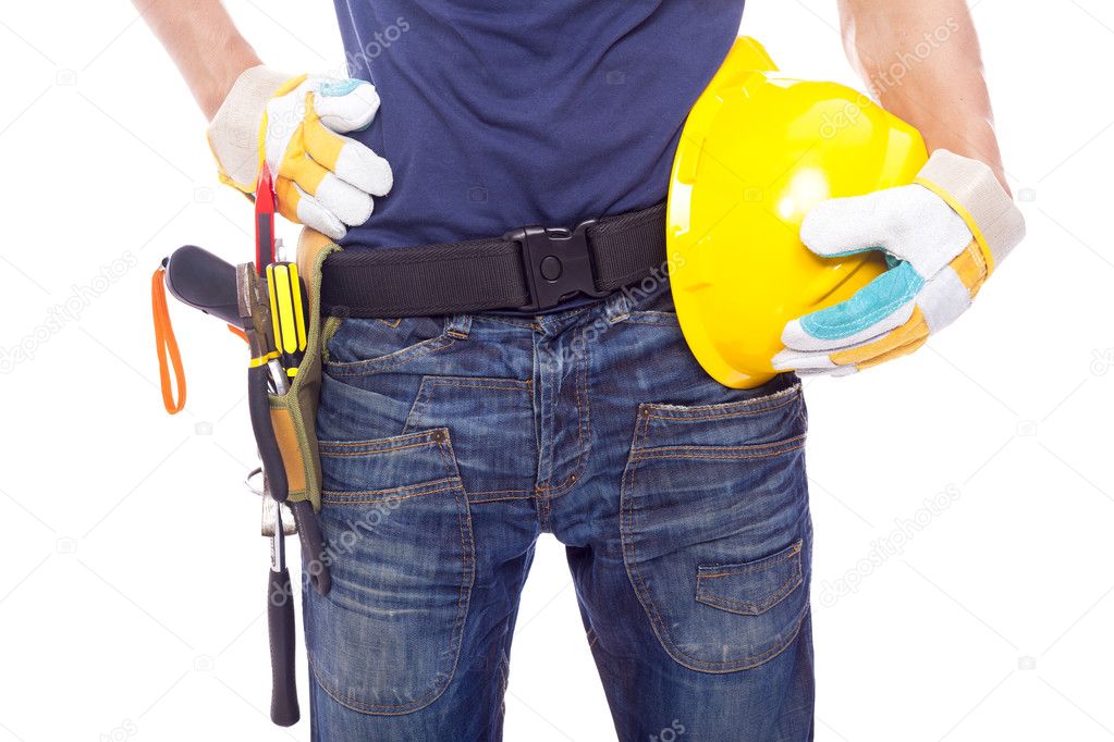 Close up of a worker with toolbelt and helmet, isolated on white