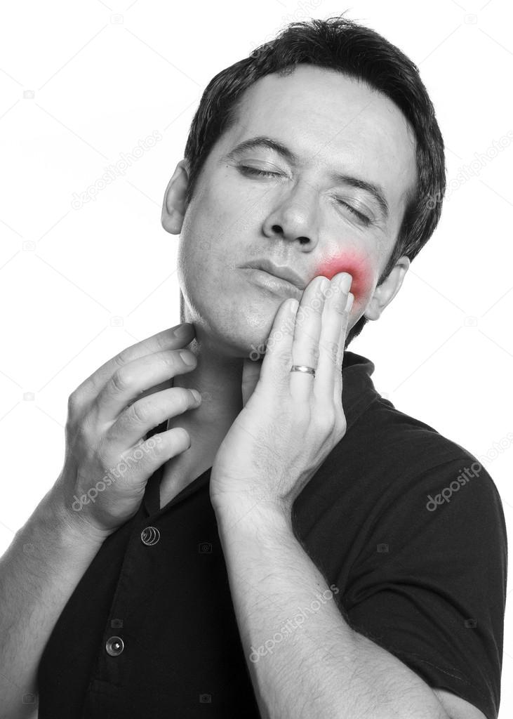 Man touching his face in agony, isolated on white background