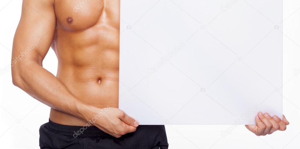 Fitness man holding white banner