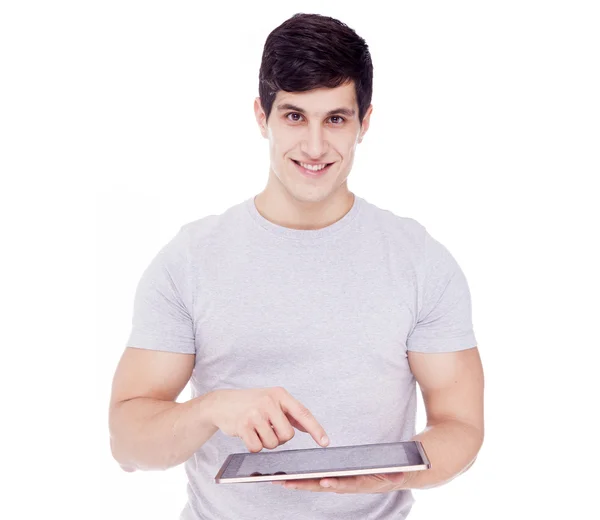 Sorrindo homem casual usando tablet — Fotografia de Stock