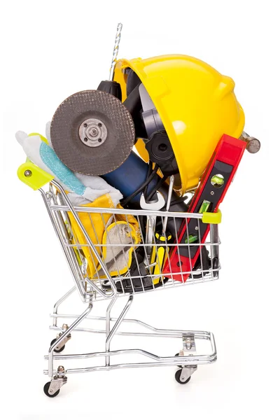 Shopping cart full of construction tools, isolated on white back — Stock Photo, Image