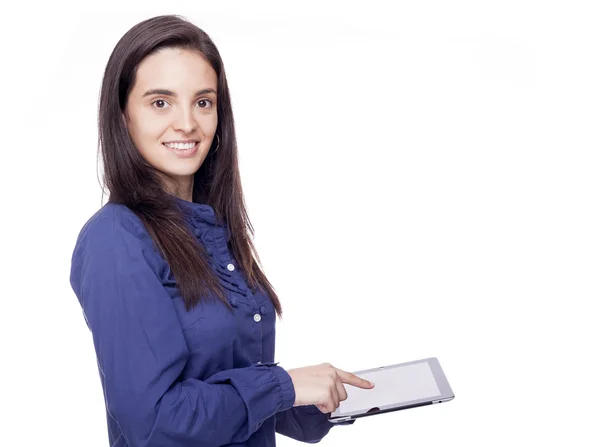 Empresária segurando um computador tablet — Fotografia de Stock