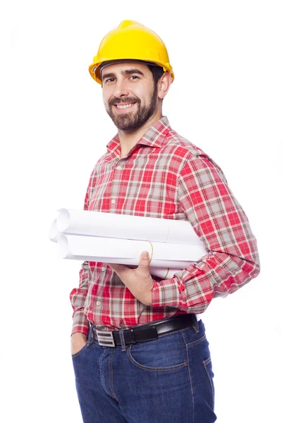 Portrait of smiling young architect holding blueprints on white — Stock Photo, Image