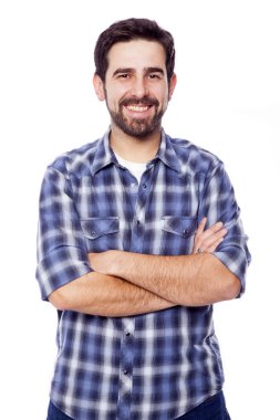 Genç casual adam geçti silah ile gülümseyen, üzerinde beyaz ba izole