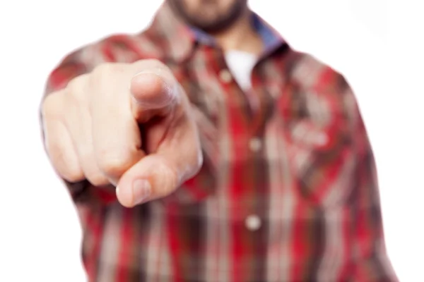 Casual homem apontando dedo para você, isolado no fundo branco — Fotografia de Stock