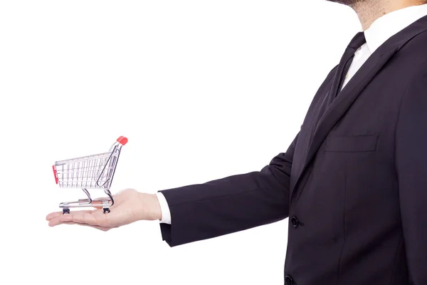 Üzerinde beyaz backgr izole bir alışveriş sepeti holding iş adamı — Stok fotoğraf