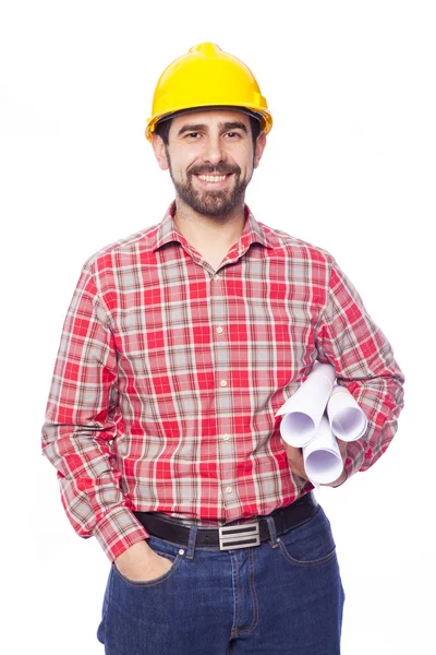 Portrait of smiling young architect holding blueprints on white — Stock Photo, Image