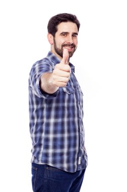 Casual yakışıklı beyaz bac izole işareti, yaşasın vererek