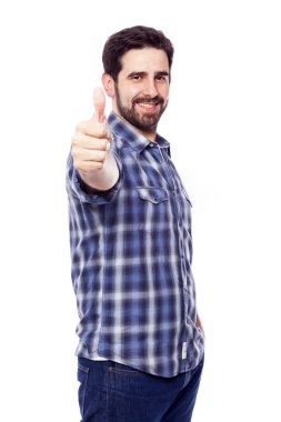 Casual yakışıklı beyaz bac izole işareti, yaşasın vererek