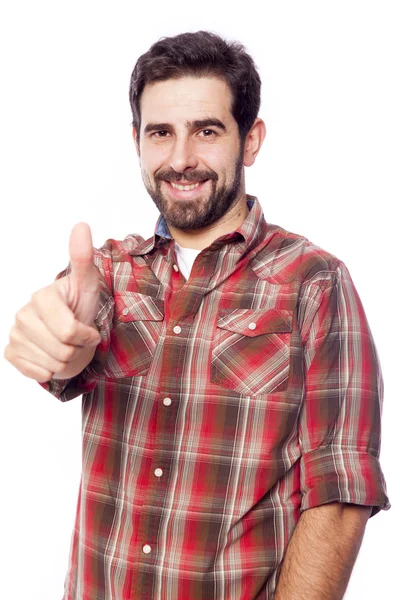 Handsome casual man giving thumbs up sign, isolated on white bac — Stock Photo, Image