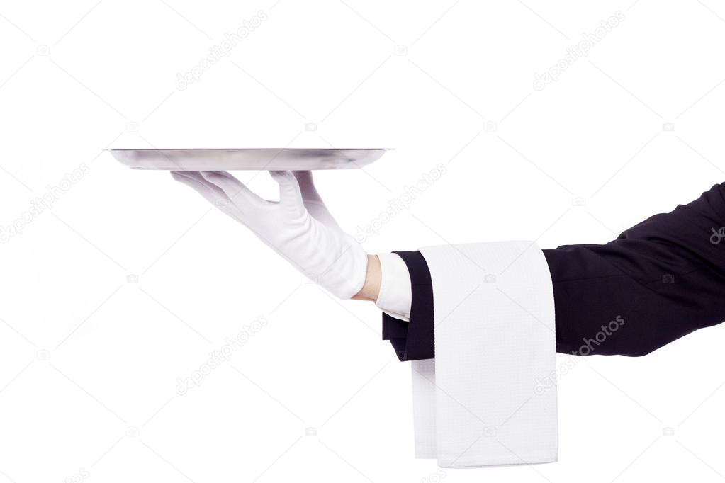 Waiter holding an empty silver tray