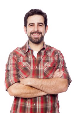 Genç casual adam geçti silah ile gülümseyen, üzerinde beyaz ba izole