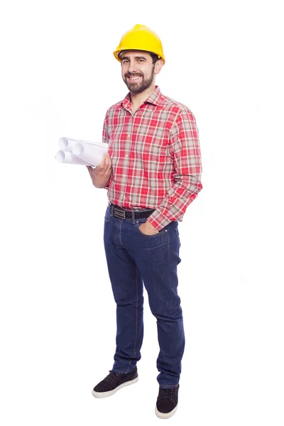 Retrato de corpo inteiro de jovem arquiteto segurando plantas no whit — Fotografia de Stock