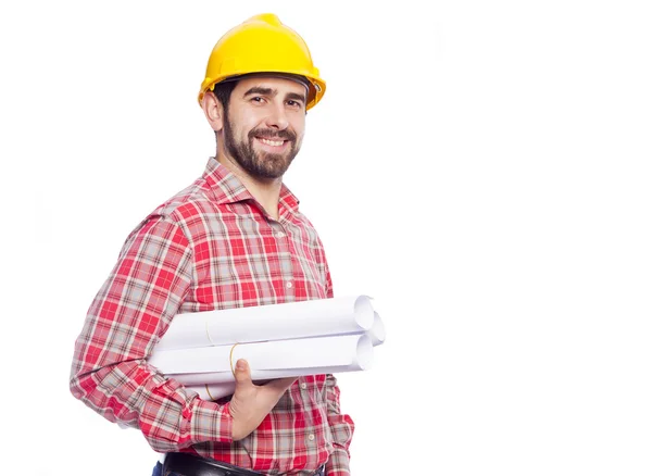 Portrait of smiling young architect holding blueprints on white — Stock Photo, Image