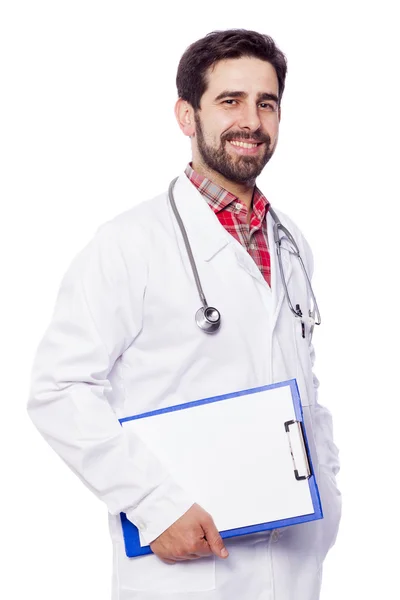 Porträt eines gut aussehenden Arztes mit Klemmbrett, isoliert — Stockfoto