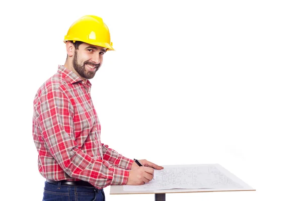 Architect drawing on blueprint — Stock Photo, Image