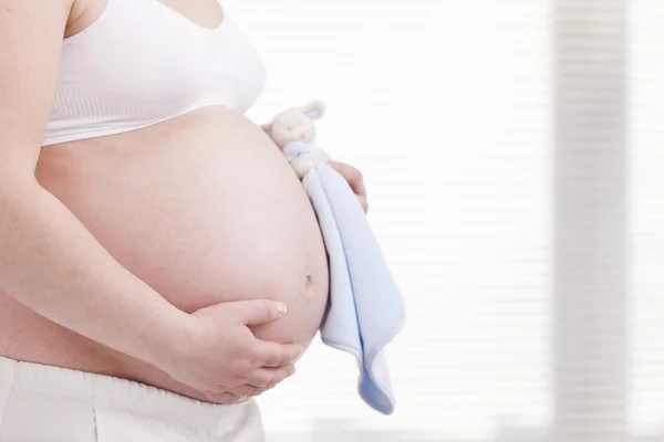 妊娠中の女性がテディベアを持ち — ストック写真