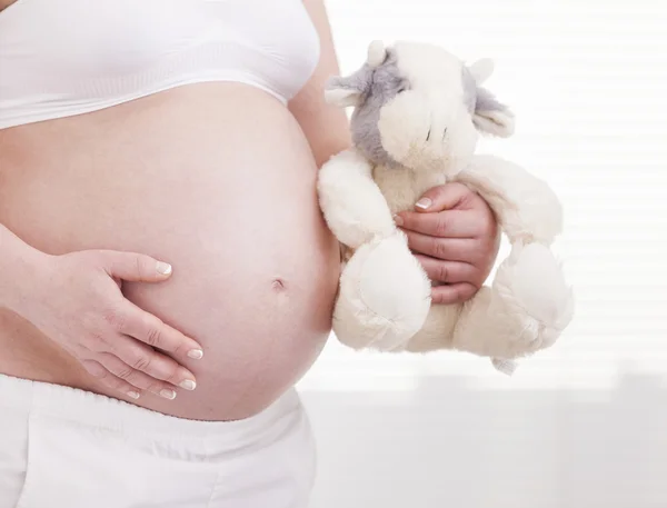 Pregnant woman holding a doll — Stock Photo, Image