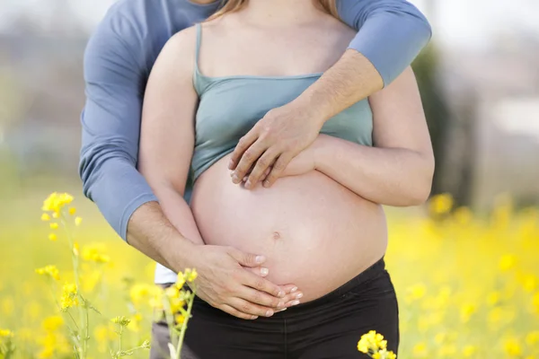 Couple enceinte étreignant au parc — Photo