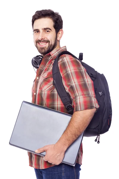 Joyeux étudiant souriant tenant un ordinateur portable — Photo