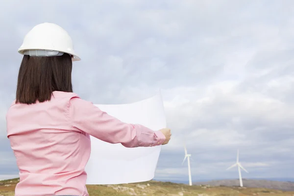 Engenheira feminina segurando um plano — Fotografia de Stock