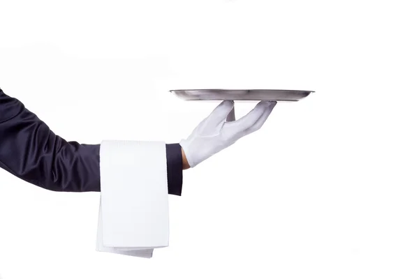 Waiter hand holding a empty silver tray — Stock Photo, Image