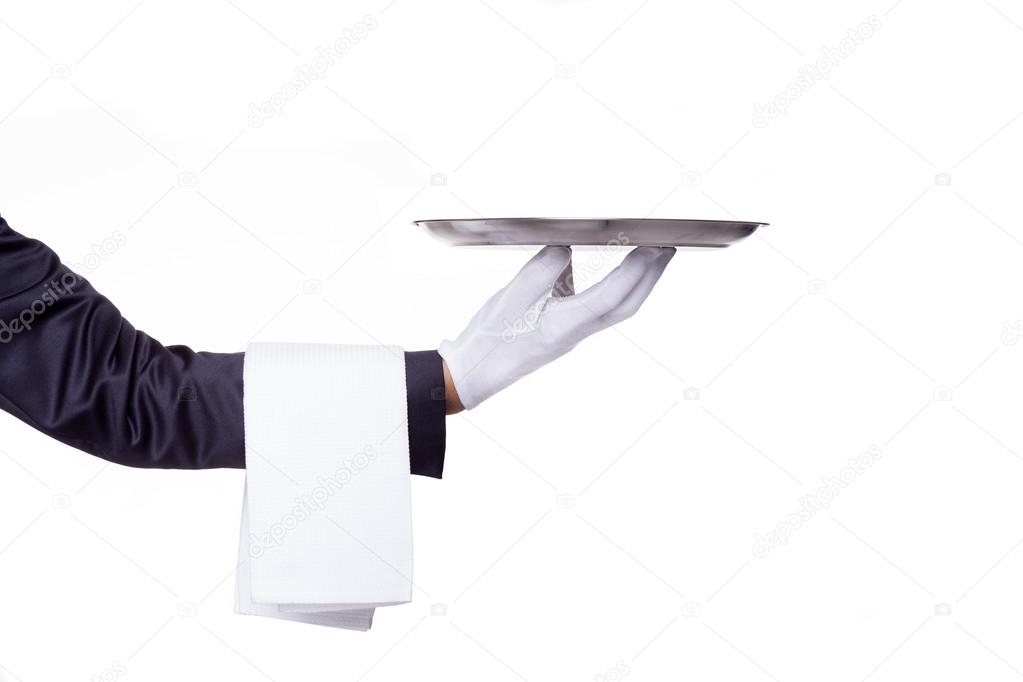 Waiter hand holding a empty silver tray