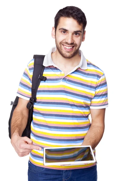 Sorridente studente maschio che indica un tablet pc — Foto Stock