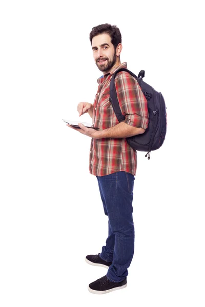 Leende student håller en TabletPC — Stockfoto