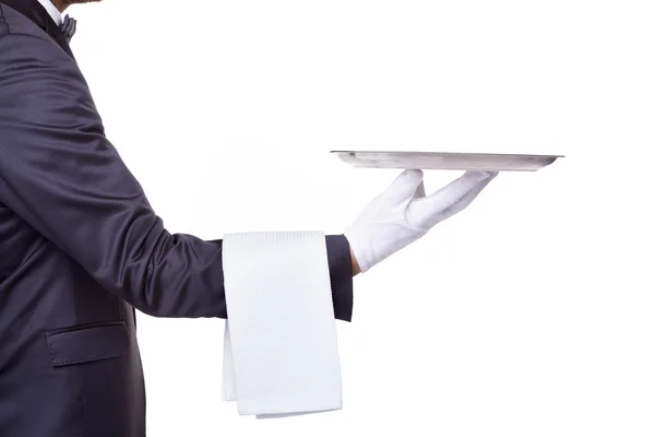 Waiter holding a empty silver tray — Stock Photo, Image