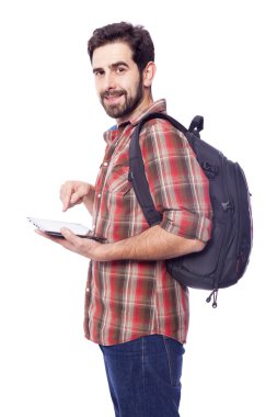 Tablet pc tutmak gülümseyen erkek öğrenci