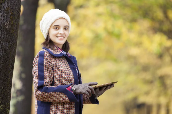 Vrouw met behulp van digitale tablet in het park — Stockfoto