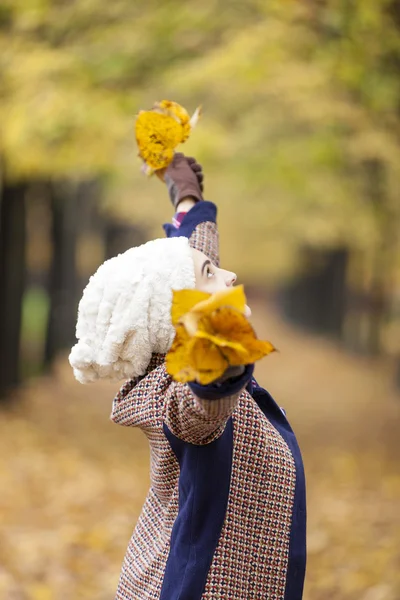 Mujer con los brazos abiertos sosteniendo hojas de otoño —  Fotos de Stock