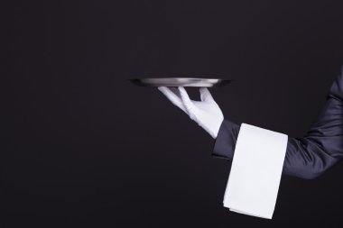 waiter hand holding an empty silver tray clipart