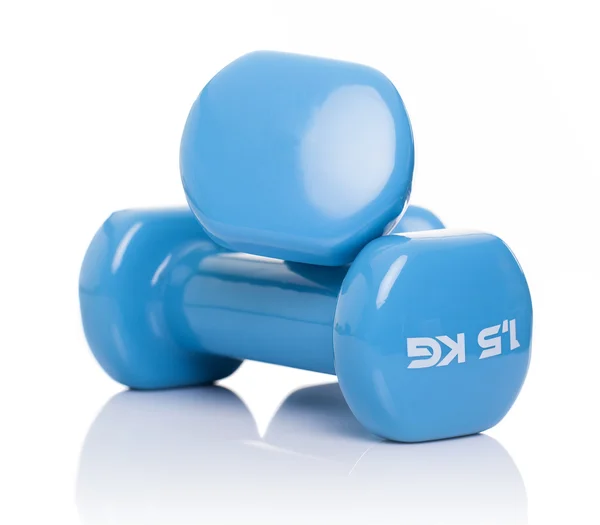 Two blue dumbbells isolated — Stock Photo, Image