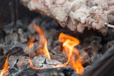 Kömürlerin Barbekü ateşe pişmiş şiş üzerinde kebap