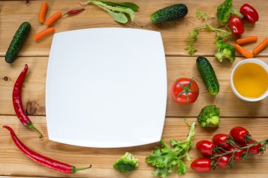 Üstten Görünüm alanı, sağlıklı beslenme kavramı ile ahşap tablo.