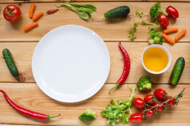 Üstten Görünüm alanı, sağlıklı beslenme kavramı ile ahşap tablo.