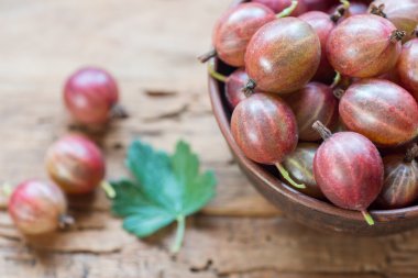Olgun kırmızı gooseberryes bir kil kase