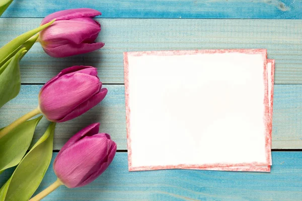 Na jaře tulipány a karta — Stock fotografie