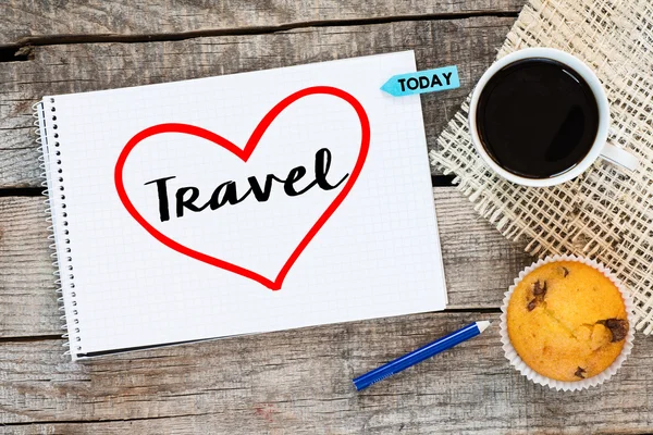 Travel inscription in red heart — Stock Photo, Image